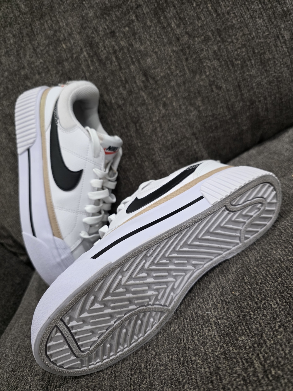 Nike White Platform Sneakers with Black Swoosh and Beige Trim - Picture 6 of 9